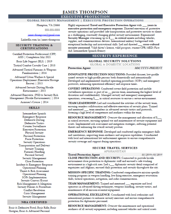 Travel & Executive Protection Resume Template