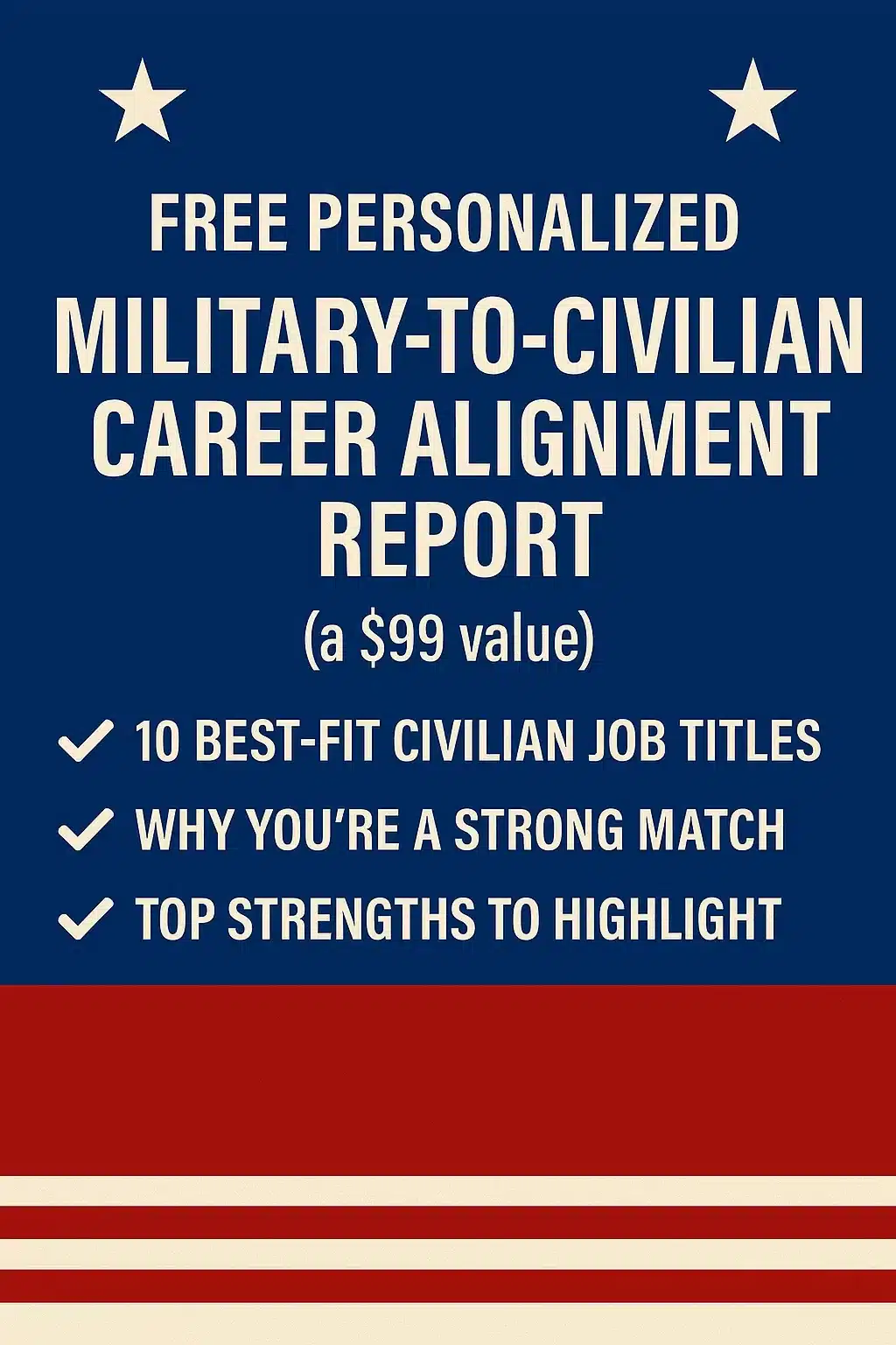 Military to Civilian Career Alignment Report showing top 10 matched civilian job roles for transitioning service members.